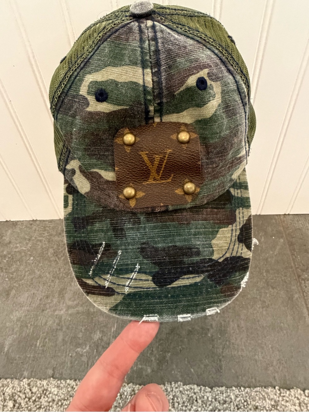 Custom Upcycled Camo Baseball Hat with Repurposed Designer LV Monogram Patch